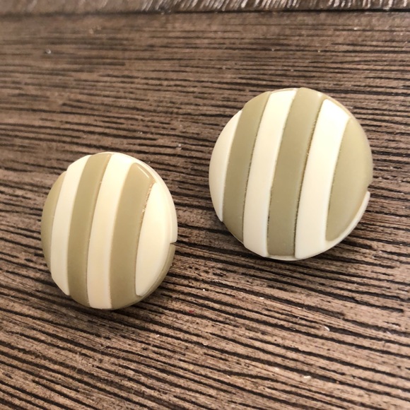 Round Striped Olive & Ivory Button Earrings - Picture 3 of 9